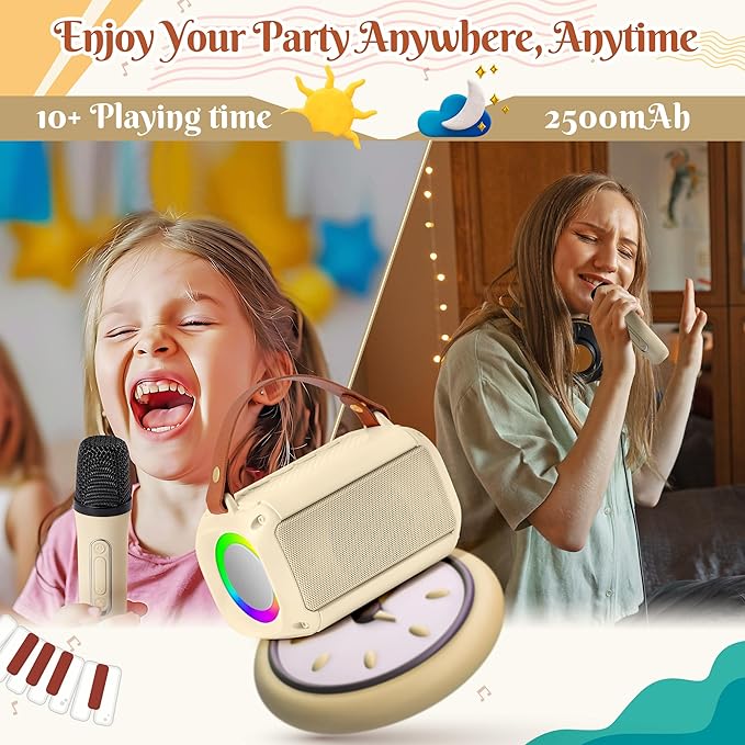 MALLMALL6 Mini Karaoke Machine with 2 Wireless Microphone for Kids Portable Bluetooth 5.3 Karaoke Mic LED Color Lights Speaker Christmas Birthday Family Home Party Toys Gift for Boys Girls Beige