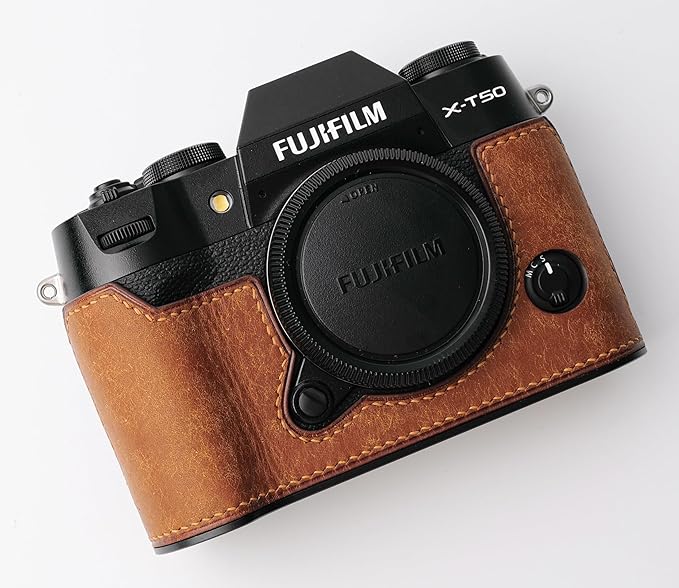 Handmade Genuine Leather Camera Half Case for Fujifilm X-T50 - Top Layer Cowhide Body + Metal Base Plate - Hand Shank Free Design (Yellowish Brown)