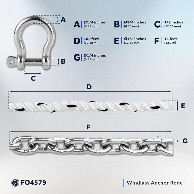 Five Oceans Windlass Anchor Rode, Hand-Spliced Anchor Rope and Chain Combination Kit, Nylon 3-Strand Rope, HT G4 Stainless Steel Chain for Boat Anchor System - Multiple Sizes