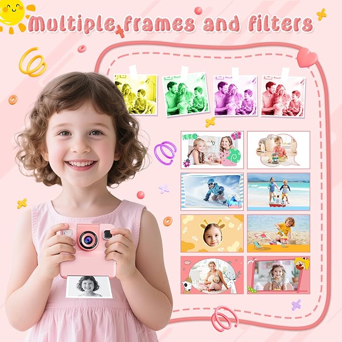 Kids Camera Instant Print Toys for Teenage Girls:1080P HD Digital Video Cameras for Girls, Christmas Birthday Gifts for 3 4 5 6 7 8 9 10 11 12 13 14 Year Old Girl with 32GB Sd Card-Pink