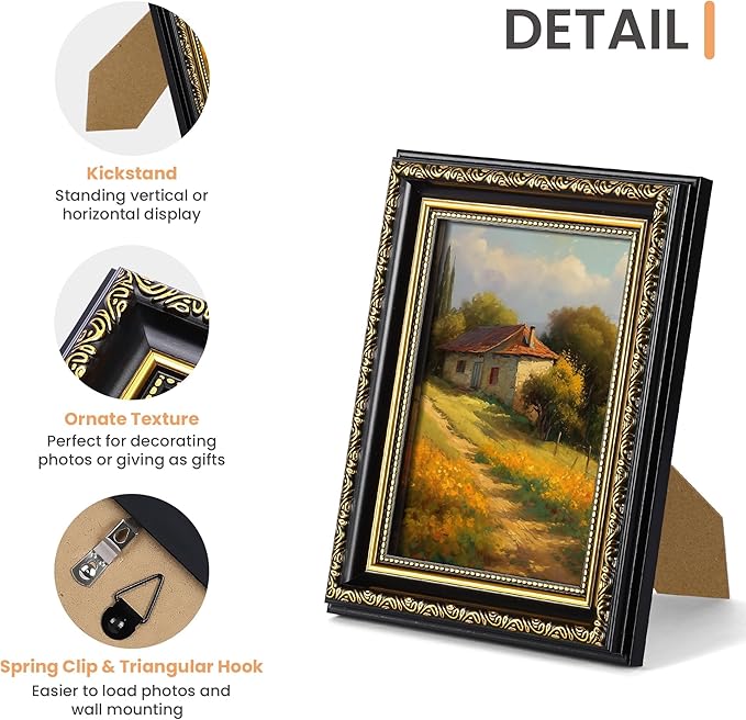 upsimples 5x7 Picture Frame with Real Glass, Ornate Vintage 5 x 7 Photo Frames for Wall Decor or Tabletop Display, Black and Gold, 2 Pack