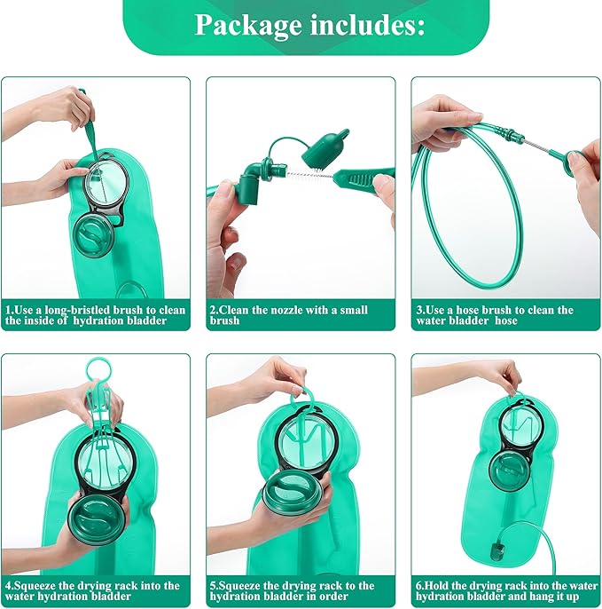 Feekoon Reservoirs Backpack Accessories Hydration Bladder Cleaning Kit with Flexible Long Brush for Hose, Small Bite Valve and Big Brush, Drying Collapsible Bladder Frame, Carrying Pouch