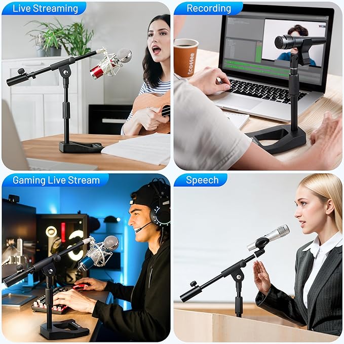 CAHAYA Mic Stand Desk Adjustable - Boom Arm Desktop Microphone Stand Metal Weighted Base A-frame Table Mic Mount with 2 Mic Clips 3/8" to 5/8" Screw Adapter Mic Mount for Singing Stage Performance