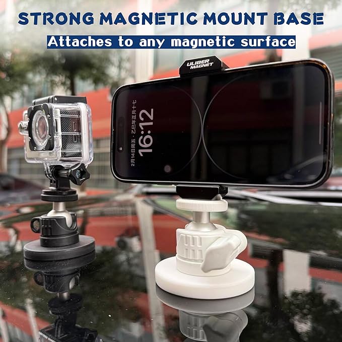 ULIBERMAGNET White Magnetic Camera Mount, Strong Magnetic Mount with 360° Rotation Ball Head, Security Camera Holder with 1/4 inch Thread for GoPro,DJI OSMO Action