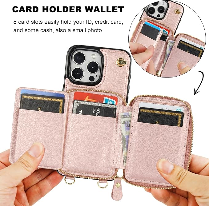 Bocasal for MagSafe Crossbody Wallet Case Compatible with iPhone 15 Pro Max, RFID Blocking Protective Purse Case with Card Slots Holder Kickstand Wrist Strap Lanyard Zipper 6.7 Inch 5G (Rose Gold)