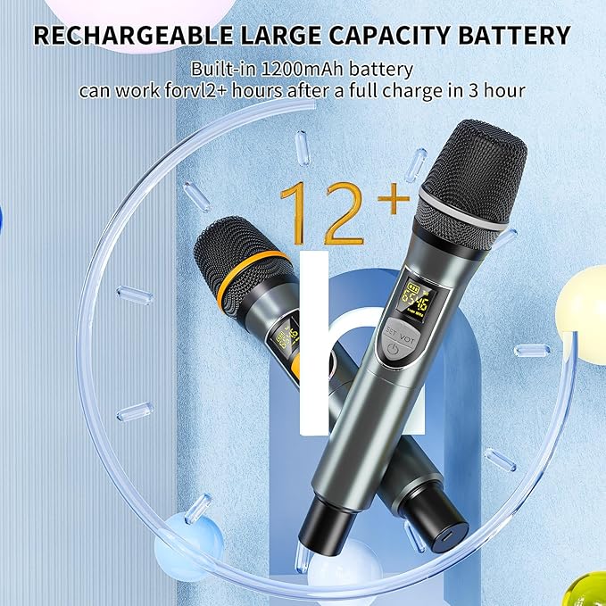 Wireless Microphones, Professional UHF Dual Microphones for Karaoke, Wireless Dynamic Microphone System Set with Rechargeable Receiver,Plug and Play, Speech, Wedding, Church, PA System
