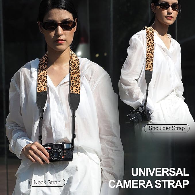 Padwa Lifestyle Leopard Velvet Camera Strap - 2" Double Layer Full Grain Cowhide Leather Head Camera Straps for Photographers,Unique Soft Velvet Fabric with Quick Release fits all Cameras