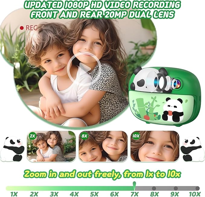 Panda Kids Camera Instant Print Photo with 32G Card, 1080P HD Video Instant Cameras Age 3-12, Digital Toddler Camera Toys with Color Pens for DIY 3-12 Year Old Girls Boys Gifts Birthday, Green