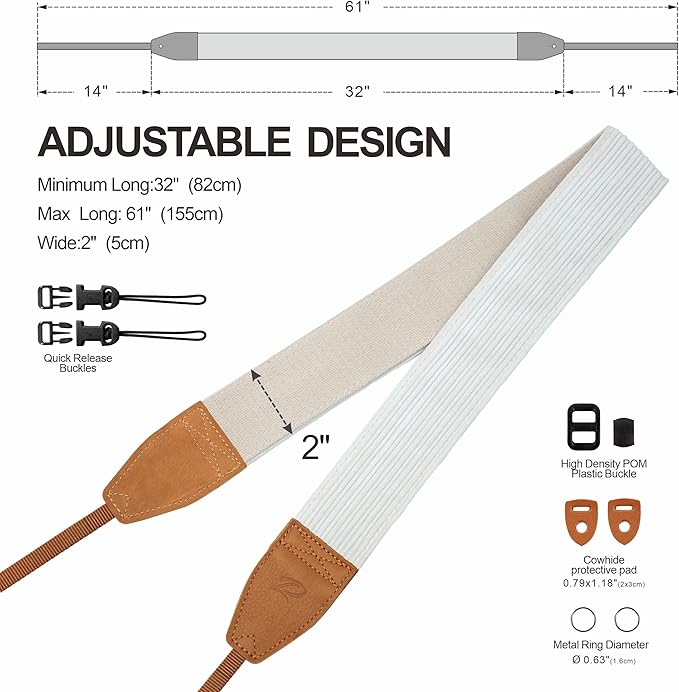 Padwa Lifestyle Corduroy Camera Strap - 2" Double Layer Full Grain Cowhide Leather Head Camera Straps for Photographers, Unique Soft Corduroy Fabric with Quick Release fits all Cameras(White)