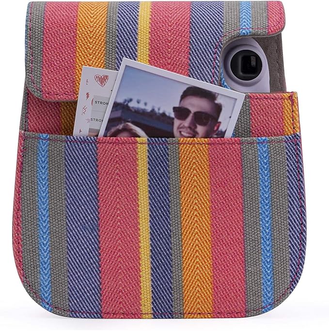 Frankmate Protective Case Fit for Fujifilm Instax Mini 12 11 9 8 Camera, PU Leather Camera Bag with Pocket and Adjustable Shoulder Strap (Color Stripes)