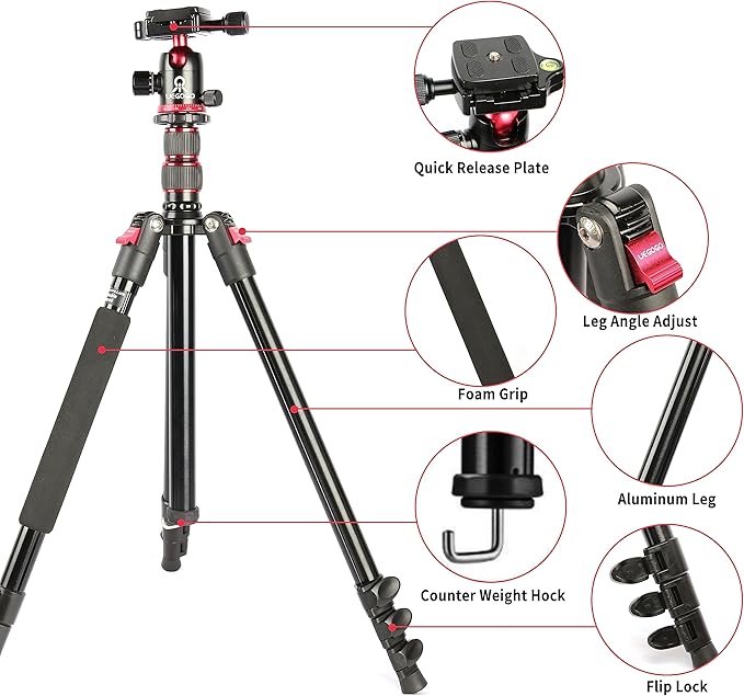 77" Camera Tripod,Foldable Lightweight Aluminum Tripod & Monopod with 360 Degree Ball Head Load Capacity 8kg/17.6lbs for DSLR Cameras Canon Nikon Binoculars Laser Telescope(Red)