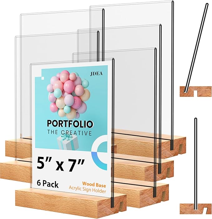 JDEA 5x7 Inch Acrylic Sign Holder with Wood Base Vertical and Slant Displays(6 Pack 5*7")