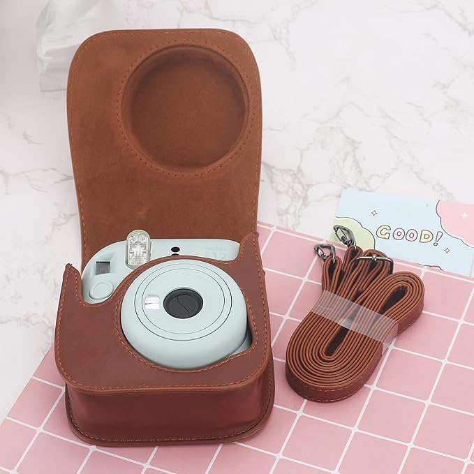 Frankmate Protective Case Compatible with Fujifilm Instax Mini 12 11 9 8 Instant Film Camera with Pocket and Adjustable Strap (Brown)