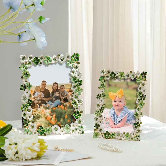 Green Flower Picture Frame 4x6 Blossom Photo Frame for Tabletop Display, Decorative Flower Design Home Decor