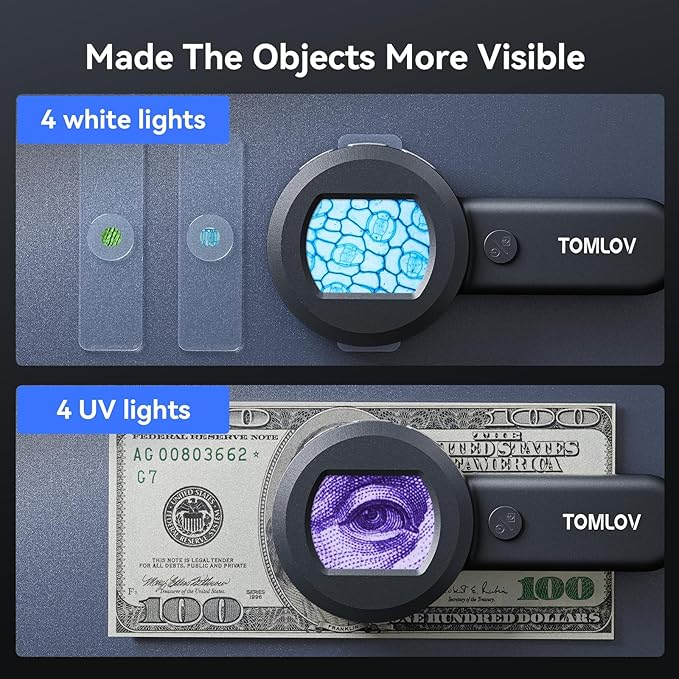 TOMLOV P10 Microscope for Adults Kids, Handheld Coin Magnifier with Light for Error Coins, Portable Trichome Magnifying Glass 100X, Collector Pocket Jewelers Loupe, Digital Microscope with 2" Screen