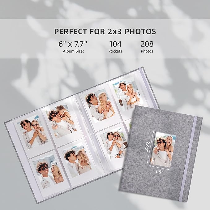 Vienrose Mini Polaroid Photo Album Book 208 Photos 2x3 Inch Pictures for Fujifilm Instax Mini 7s 8 9 11 25 26 40 50s 90 Evo Z2300 Instant Camera, Polaroid Snap Gray 1 Pack