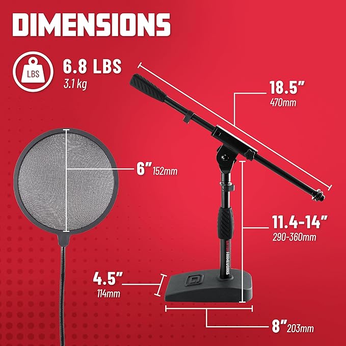 Gator Frameworks Short Weighted Base Microphone Boom Arm Stand with Clamp-On Single Layer Pop Filter (GFW-MIC0821-POP), Black