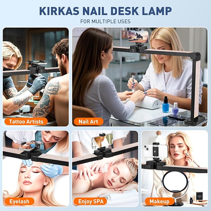 KIRKAS 34IN Nail Tech Lamp for Desk, 456 LEDs 3 Color Modes Infinitely Knob Foldable Half Moon Nail Light with Phone Holder Charging Function, Arch Lamp for Eyelash Extension, Tattoo, (Diamond, Large)