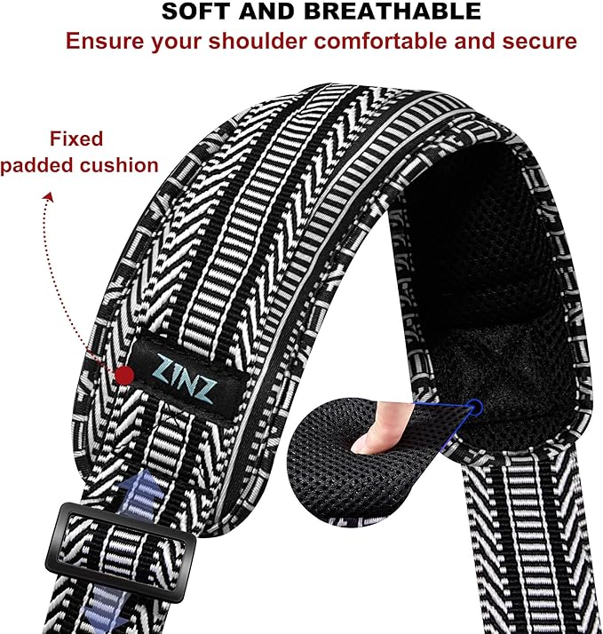 ZINZ 75" Shoulder Strap with Fixed Pad and Dual Balanced Buckles，Black White Jacquard