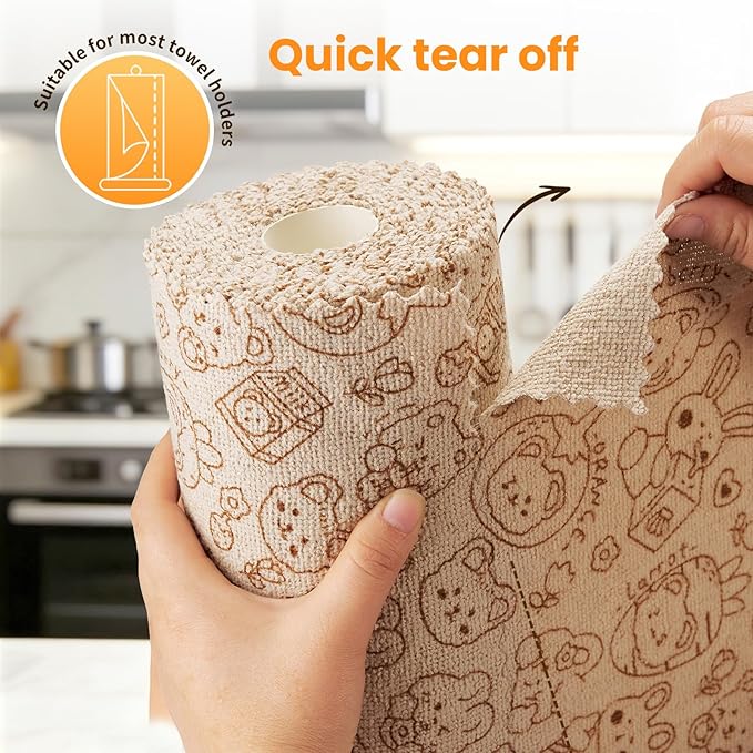 Microfiber Cleaning Cloth Roll, 50-Count, Reusable Durable Washable Absorbent Towels, Lint-Free Non-Scratch Dish Rags for Kitchen & Housekeeping, Car & Screen, Brown Cute Bear Print, 12x12 in