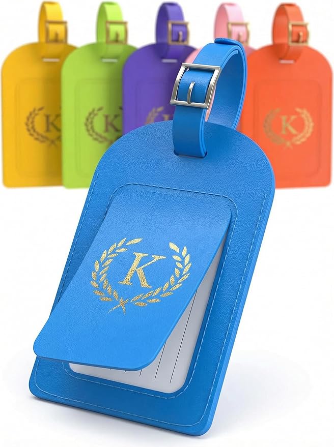Initial Luggage Tags - Letter K - 6 Pack Vegan Leather Travel Bag Tags with Privacy Cover & Stainless Steel Buckle, Personalized ID Labels for Suitcases & Travel, Multicolor (Style K)