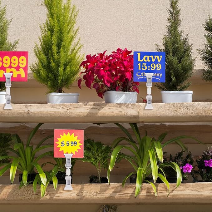 100 Pieces Double Sided Sign Clip, Clear Retail Merchandising Signs Display Tags, Plastic Sign Holder Rotatable Pop Clip-on Promotion Clips Stand for Label, Basket, Business Cards