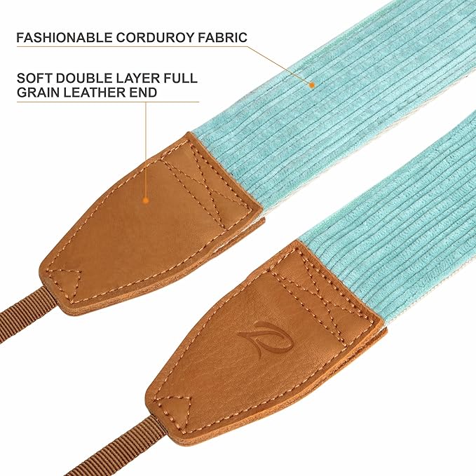 Padwa Lifestyle Corduroy Camera Strap - 2" Double Layer Full Grain Cowhide Leather Head Camera Straps for Photographers,Unique Soft Corduroy Fabric with Quick Release fits all Cameras - Fresh Green