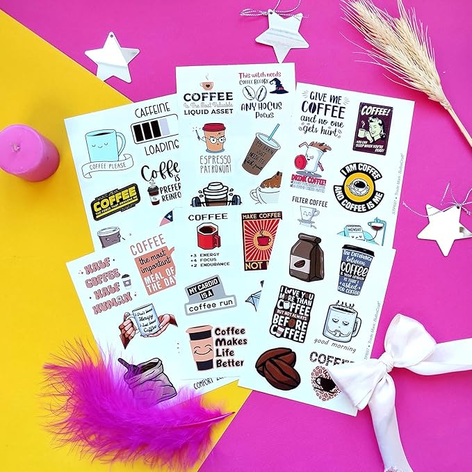 BulbaCraft 100Pcs Funny Coffee Stickers for Planner, Coffee Funny Quote Decals for Laptop, Scrapbook & Water Bottles, Gifts for Women & Men