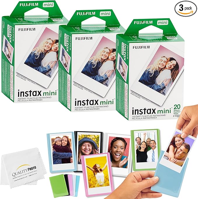 Fujifilm Mini Instax Films + Colored Magnet Photo Frames + Quality Photo Microfiber Cloth (60 Sheet)