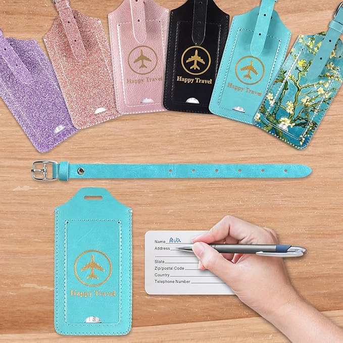 ACdream Luggage Tags 2 Pack, Leather Suitcase Tags Identifiers, Cute Cruise ID Labels with Privacy Cover fits on Backpack, Travel Bag, for Women, Men, Adults, Kids, Sky Blue