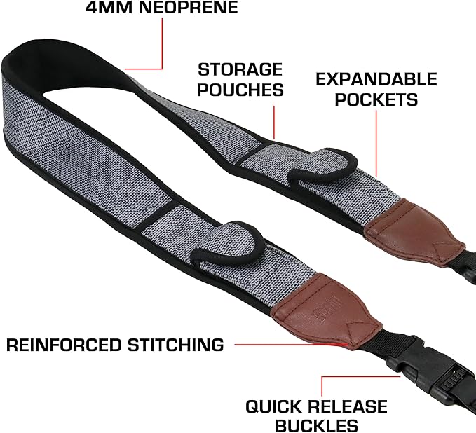 USA Gear TrueSHOT Camera Strap Neoprene Camera Straps - Padded Neck Strap, Pockets, and Release Buckles - Compatible with Canon, Nikon, Sony and More DSLR and Mirrorless Cameras (Grey Woven Pattern)