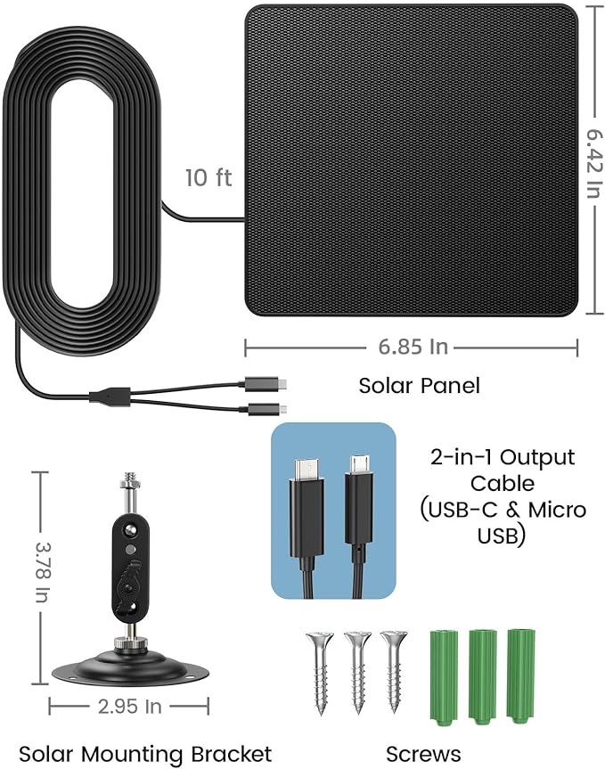 KJK 6W Solar Panels for Security Camera, Solar Battery Charger with Micro USB & USB-C Port for DC 5V Outdoor Rechargeable for Ring Camera, IP66 Waterproof, 360° Adjustable Security Mount