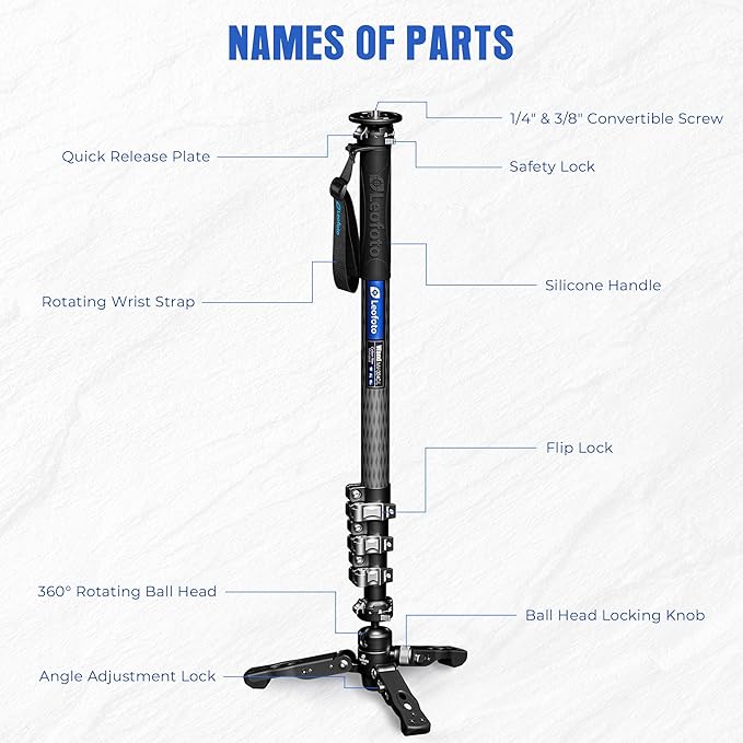 Leofoto Travel Camera Monopod with Ball Head Tripod Feet, Lightweight Carbon Fiber Monopod for DSLR Camera, Quick Release, Weight 2.7lbs, Max Load 13lbs