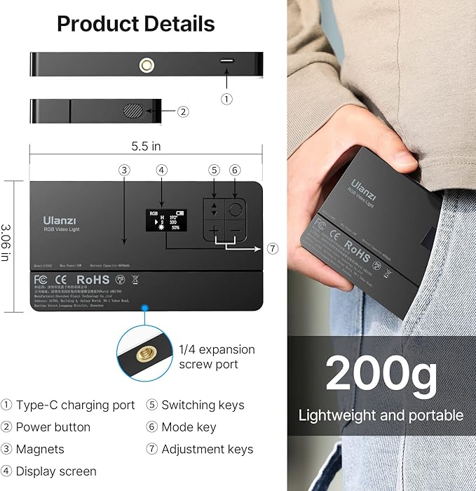 ULANZI PL-01 RGB Video Light, Portable RGB Camera Light with 4000mAh Battery, 360° Color 20 Light Effects, CRI≥95 2500-9000K LED Panel DSLR Photography Lighting for YouTube, Video Conference, Vlogging