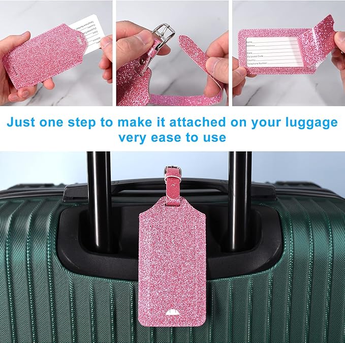ACdream Luggage Tags 2 Pack, Leather Suitcase Tags Identifiers, Cute Cruise ID Labels with Privacy Cover fits on Backpack, Travel Bag, for Women, Men, Adults, Kids, Glitter Pink