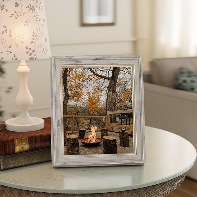 Vittanly 8x10 Picture Frame Set of 4, Vintage Photo Frame for Wall or Tabletop, Display 5x7 Pictures with Mat or 8x10 without Mat, Rustic Farmhouse Home Decor, Distressed White