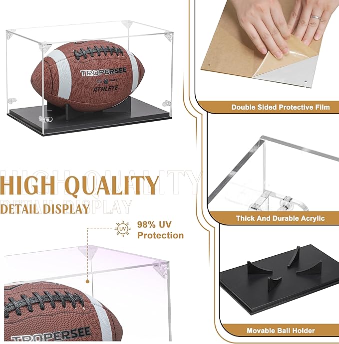 Football Display Case, Thickened UV Protection Clear Acrylic Lid Football Holder, Wood Football Base Stand Football Cases for Signed Football Full Size