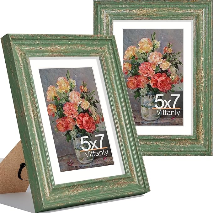 Vittanly 5x7 Picture Frames Set of 2, Ornate Vintage Photo Frame for Wall or Tabletop, Display 4x6 Pictures with Mat or 5x7 without Mat, Rustic Green