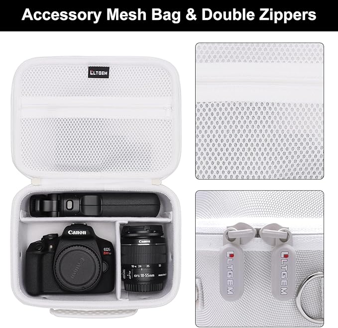 Camera Case Compatible with Canon EOS Rebel T7/R50/R6 Mark II/R100/R50 V/T6/R8/R10/R5 Mark II/RP/R7/5D Mark IV/SL3/R5/T100 DSLR SLR Camera, Len and Tripod with 4 Dividers and Shoulder Strap, White