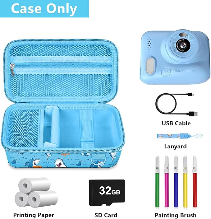 Leayjeen Kids Camera Case Compatible with Dylanto/GKTZ/HiMont/CAMCLID/ESOXOFFORE Kids Instant Print Camera, for 1080P Printed Photos,Christmas Gifts and Birthday Gifts for Kids-Blue Sharks(Case Only)