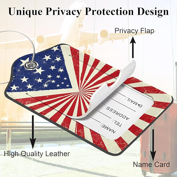 American Flag Luggage Tags, 2 Pack Travel Cruise Tags for Suitcases, Cute Identifiers with Privacy Flap, Baggage Tags for Women Men Kids Luggage Backpack Handbag