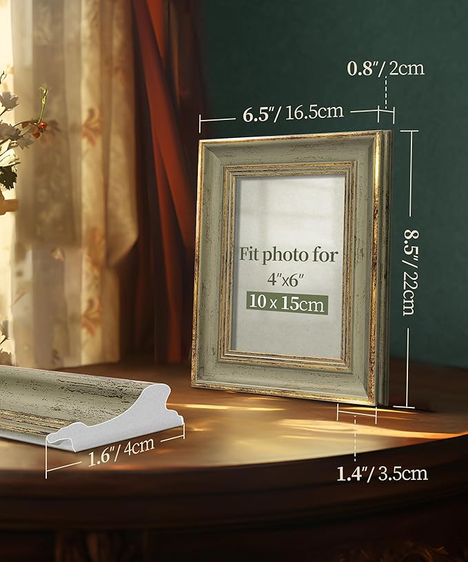 Afuly 4x6 Picture Frame Antique Vintage Gold Sage Green Single Photo Frame for Desk Wall Gallery Artworks Portrait Landscape Unique Birthday Gifts for Grandma Mom Women
