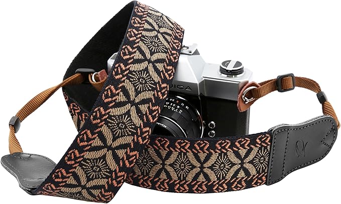 Padwa Lifestyle Mystic Grey Embroidered Camera Strap - Double Layer Cowhide Ends,2" Cotton Woven Camera Straps, Adjustable Vintage Neck&Shoulder Strap for All DSLR Cameras,Great Gift for Photographers
