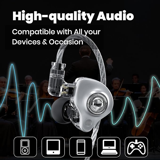 in Ear Monitor Headphones Without Mic, 10mm Dynamic Driver HiFi IEM Earphones, Crystal Clear Sound IEM Earbuds with Detachable 4N OFC Cable, 3.5mm Wired Gaming Earbuds