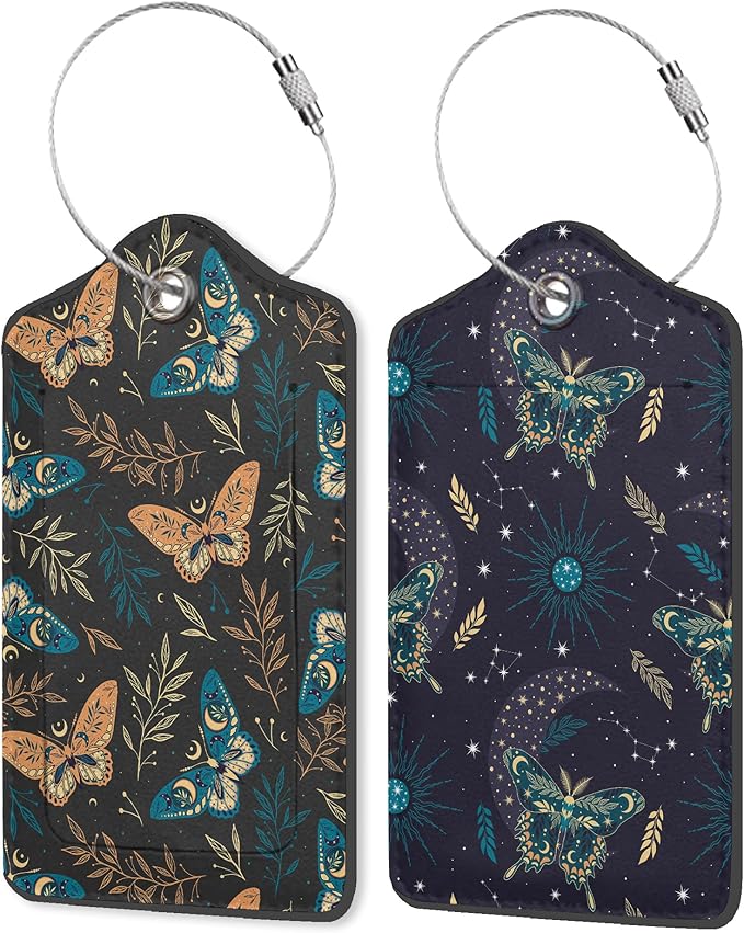 Boho Magic Space Elements Stars 2 Pack PU Leather Luggage Tags with Stainless Steel Loop, Funny Butterflies Travel Labels with Privacy Cover ID Label for Quick Spotting