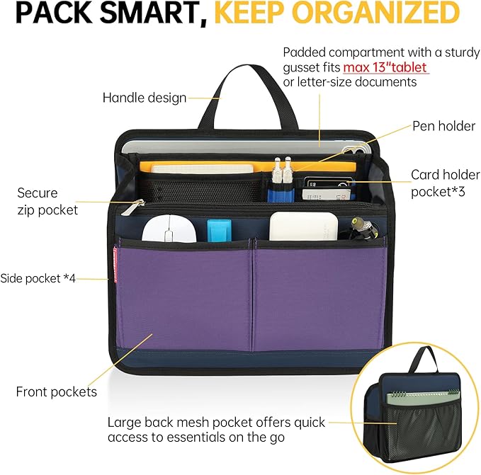 Small Rugged Organizer Insert for Briefcase Tote Shoulder Messenger Bag-19 Pockets,Durable Padded Nylon,Handle-Mix