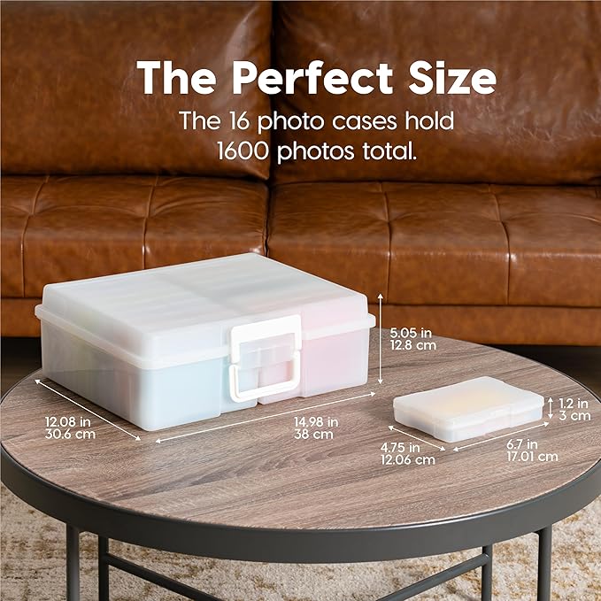 IRIS USA 4" x 6" Photo Storage Box Craft Keeper, 2-Pack, Discreet Handle Container with 16 Organization Holder Cases for Pictures, Tasks, Scrapbooking, Ephemera, Stationery Storage, Pearl
