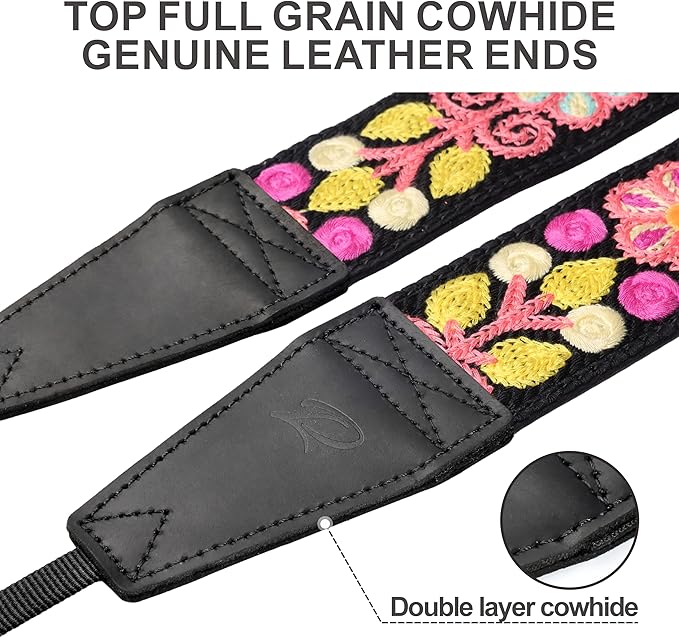 Padwa Lifestyle Colorful Crochet Camera Strap - 2" Full Grain Leather Ends Camera Straps for Photographers, Vintage Woven Cotton Soft Suede Fabric Padded Strap with Quick Release fits All Cameras