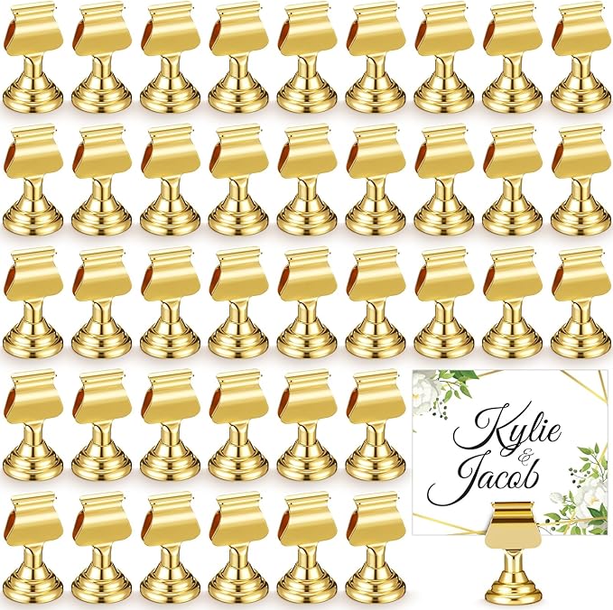 Kathfly 48 Pcs Metal Table Number Holders 1.7 Inch Gold Mini Place Card Holders Bulk Harp-clip Table Sign Stands Card Holder Display Picture Memo Notes Menu for Weddings Restaurants Birthday Decor