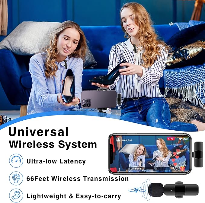 Professional Wireless Lavalier Lapel Microphone for iPhone, iPad, Cordless Omnidirectional Condenser Recording Mic for Video Recording, Live Streaming, Interview Podcast Vlog YouTube Tiktok(2 Pack)